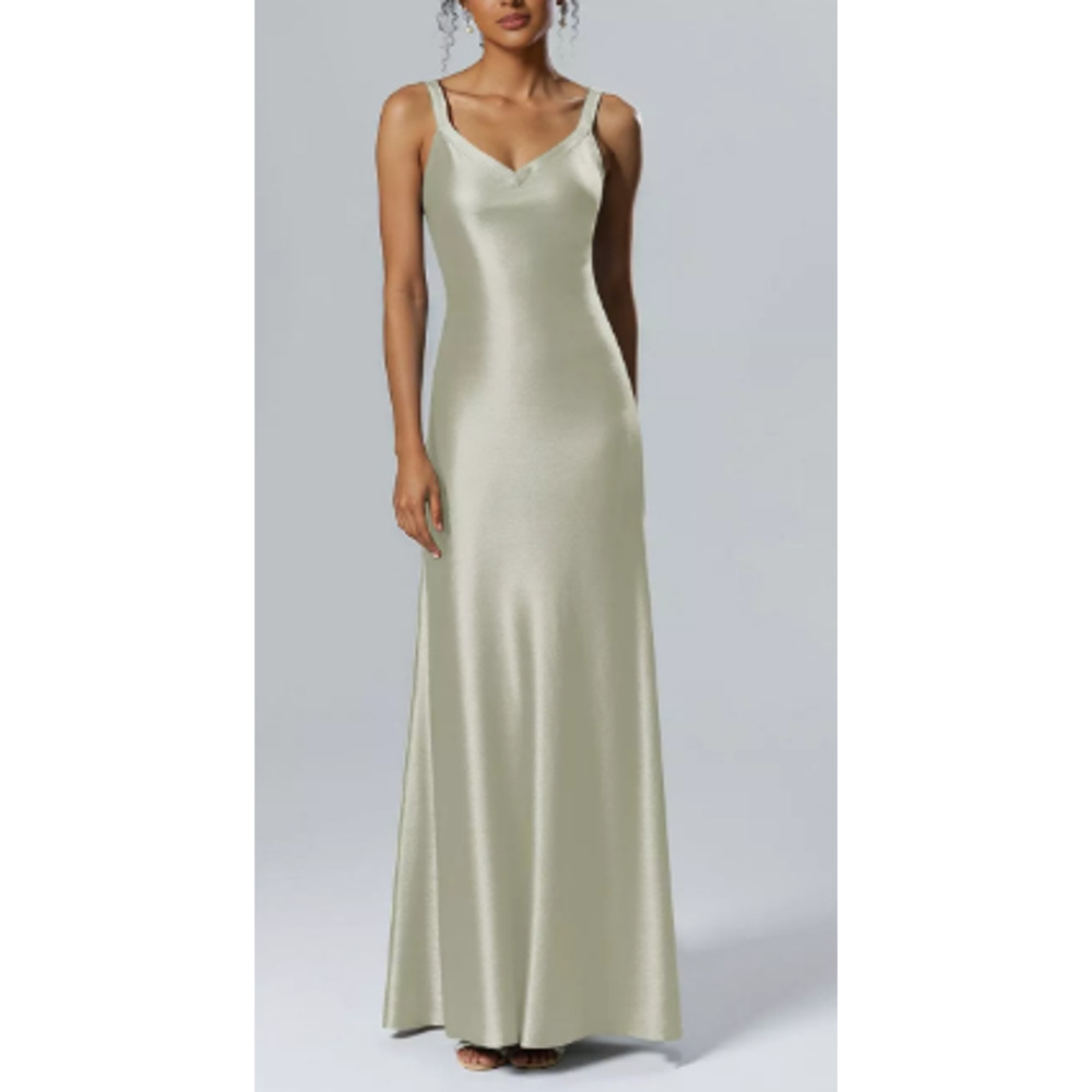 AW BRIDAL 2 XS sage green Shreya satin wedding party maxi dress NEW b69